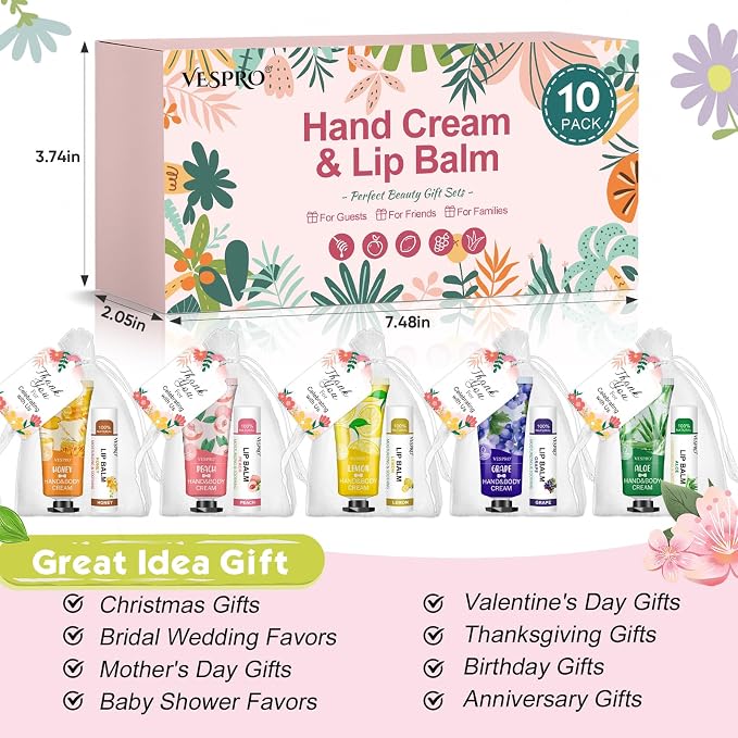 VESPRO 10 Pack Bulk Hand Cream and Lip Balm Sets, Mothers Day Gifts - Image 5