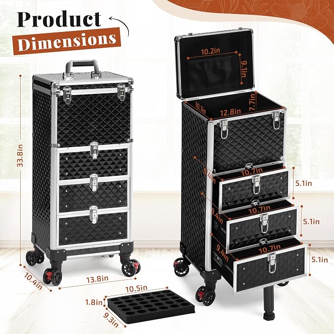 Rolling Makeup Train Case with 3 Drawers, Nail Trolley Cart Salon Station - Image 6