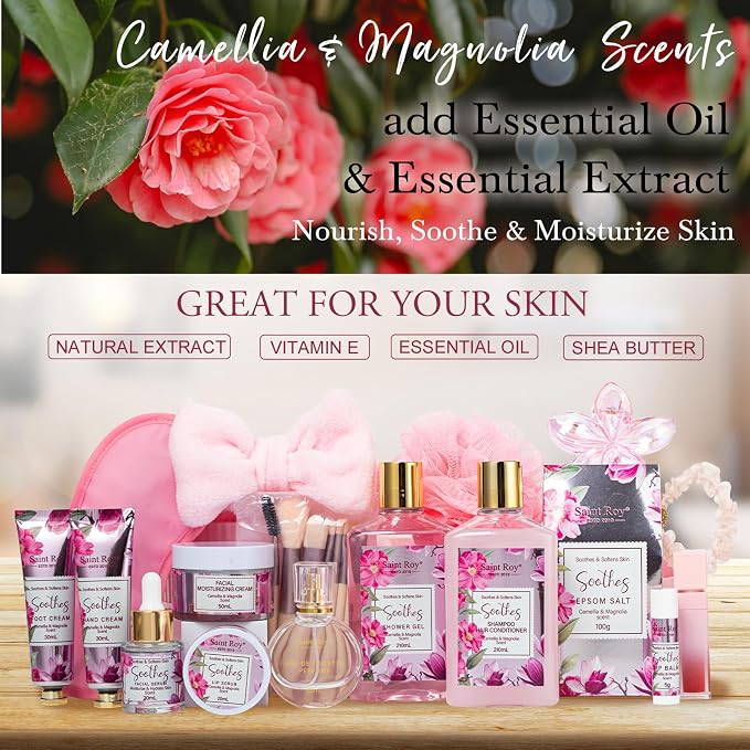 27 Pcs Spa Day Gifts Basket for Women, Camellia & magnolia Bath and Body Gift - Image 3