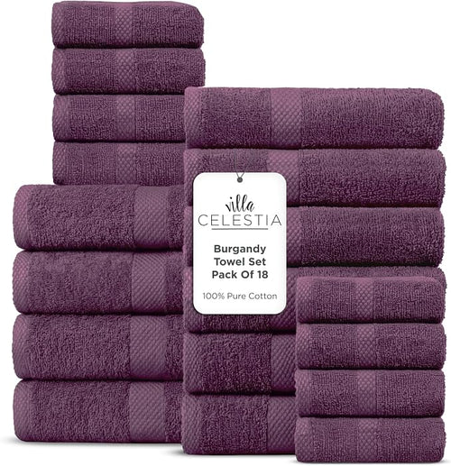 100% Cotton Bath Towel Set of 18-4 Bath Towels, 6 Hand Towels, 8 Wash Cloths by VillaCelestia