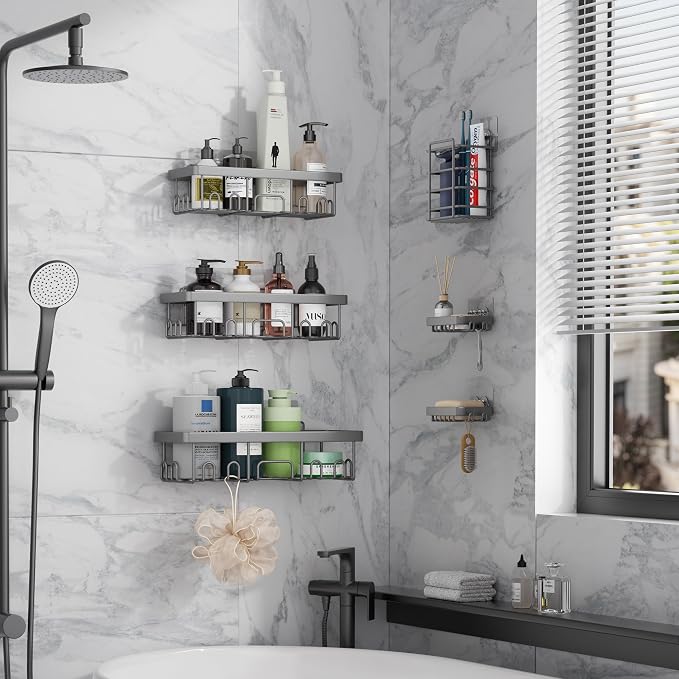 Veken 6-Pack Rustproof & Waterproof Shower Caddy, Adhesive Shelves Rack - Image 4