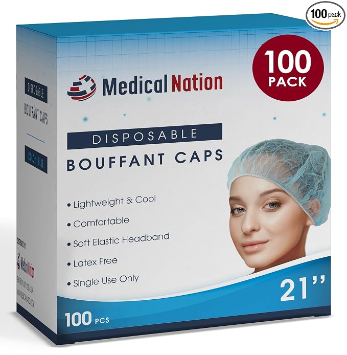 Medical Nation 21" Disposable Bouffant Caps | Pack of 100, Non-Pleated Head by MEDICALNATION