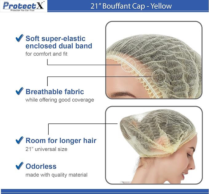ProtectX 100-Pack Yellow Disposable Hair Nets, Elastic Head Cover, Bouffant Caps - Image 3