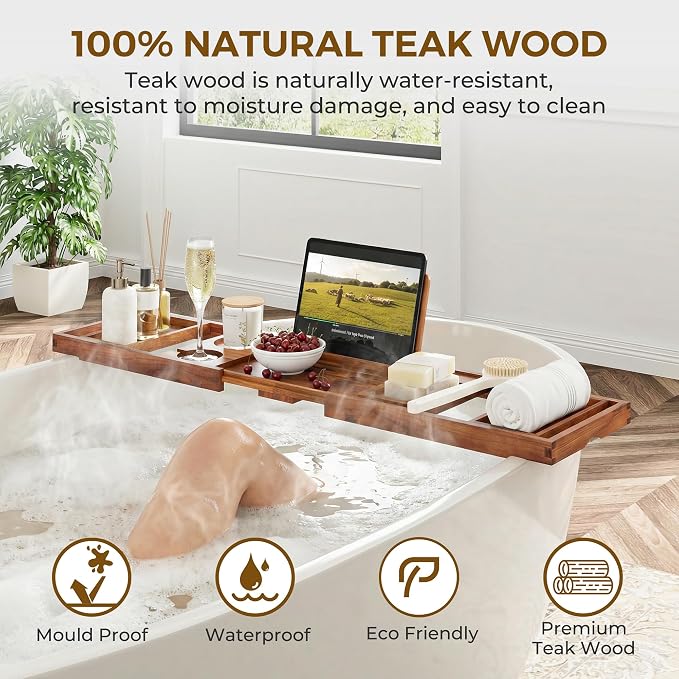 Venusmiles Teak Bathtub Tray Caddy, Foldable Bath Tray - Image 4