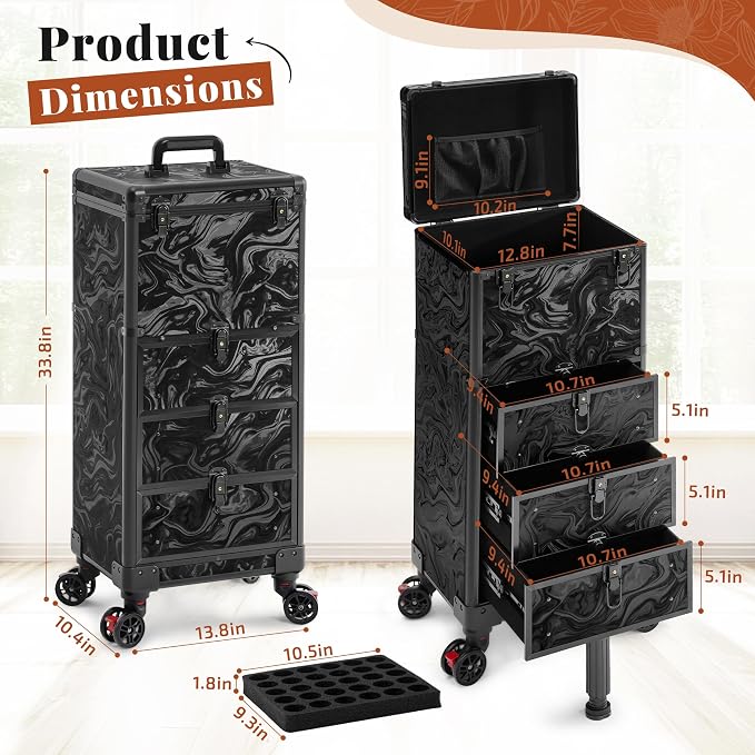 Rolling Makeup Train Case with 3 Drawers, Nail Trolley Cart Salon Station - Image 4