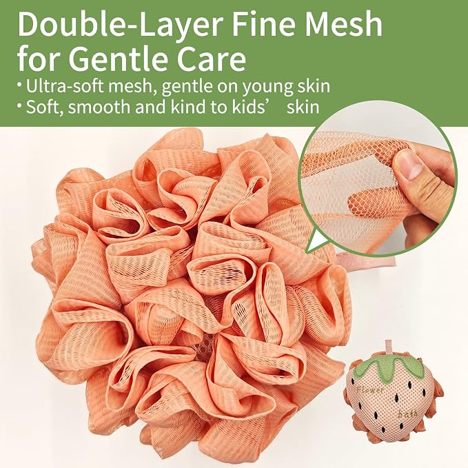 Kids Bath Sponge, Cute Kids Loofah Frog&Strawberry Shower Pouf, Soft Mesh Bath - Image 6