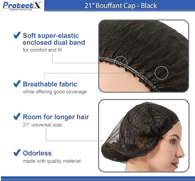 ProtectX 100-Pack Black Disposable Hair Nets, Elastic Head Cover, Bouffant Caps - Image 3