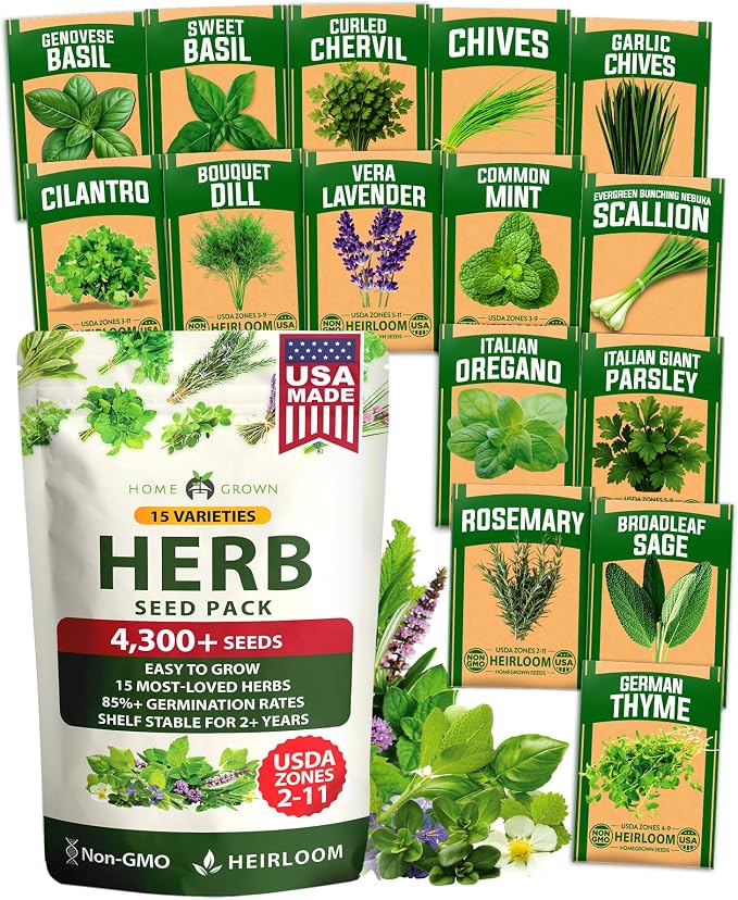 HOME GROWN Herb Seeds for Planting 15-Pack Massive Seed Count 4, 300+ Seeds by HOMEGROWN