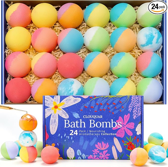 Hemp Oil Bath Bombs Women Gift Set, 24 Pack Natural Bubble Bath Spa Kit by CLOUQUAR