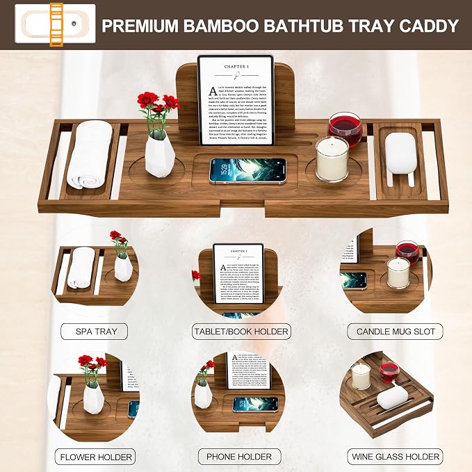 Premium Teak Bathtub Tray Caddy, Expandable Wooden Bath Tray - Image 5