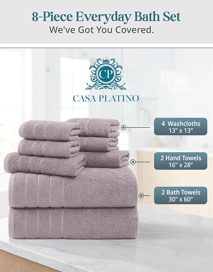 CASA PLATINO 100% Cotton Bath Towel Set 8 Pcs - Image 4
