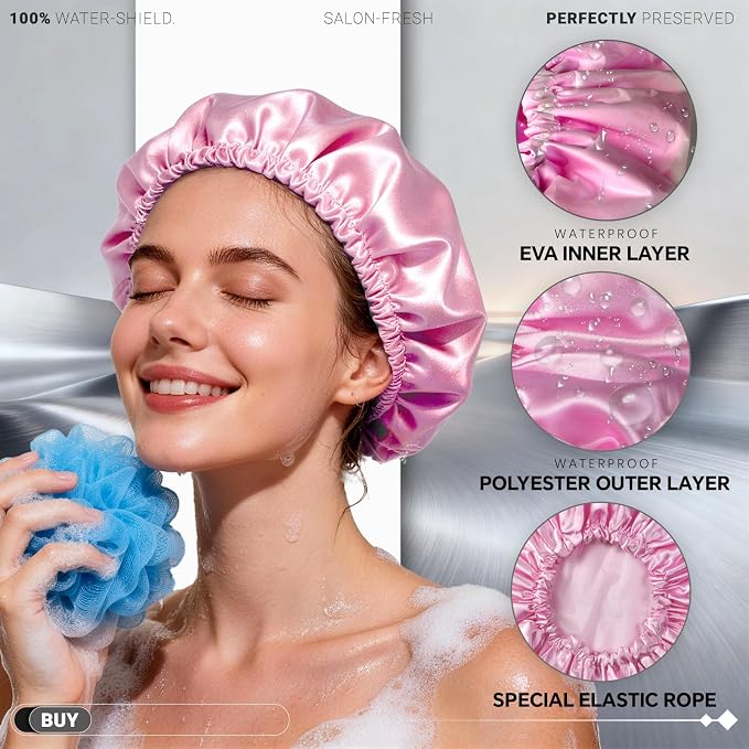 Smilco 2 Pack Shower Caps for Women, Reusable Waterproof Double Layer Bath Cap - Image 2