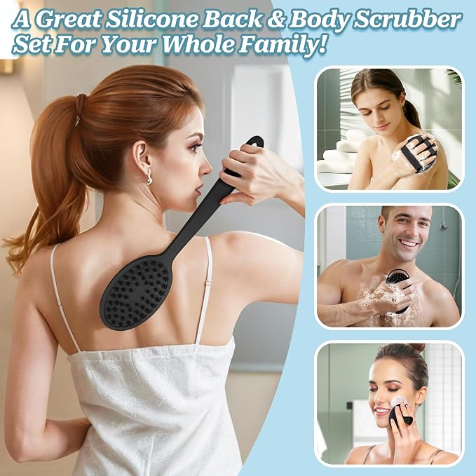 Silicone Back/Body/Face Scrubber & Soft Bath Glove Set 4PCS, Gentle Exfoliating - Image 8