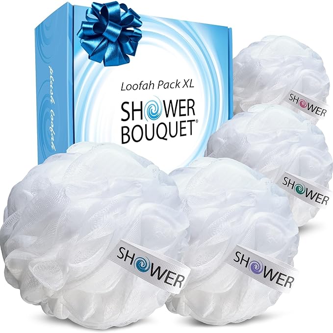 SHOWER BOUQUET Loofah Soft-White-Cloud XL Bath-Sponge 4-Pack // Extra Large 75g by ShowerBouquet%C2%AE