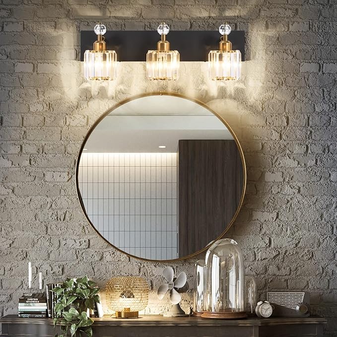PRESDE Crystal 3 Light Bathroom Vanity Lights Black and Gold Bathroom Lights - Image 2