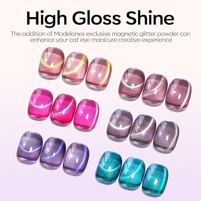 Modelones Cat Eye Gel Nail Polish Set, 6 Colors Coloful Neon Galaxy Champagne - Image 5
