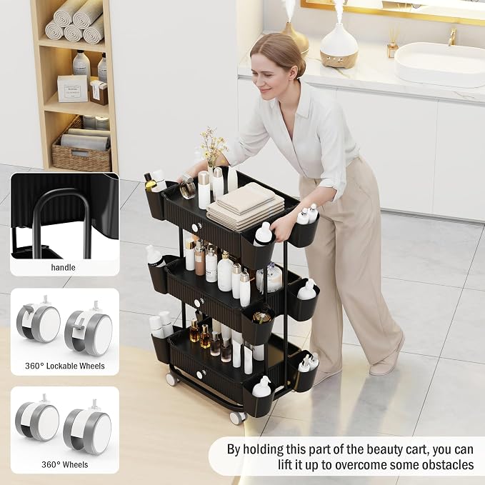 3 Tier Drawer Beauty Cart with 12 Movable Storage Organizer, Thickened ABS & - Image 4