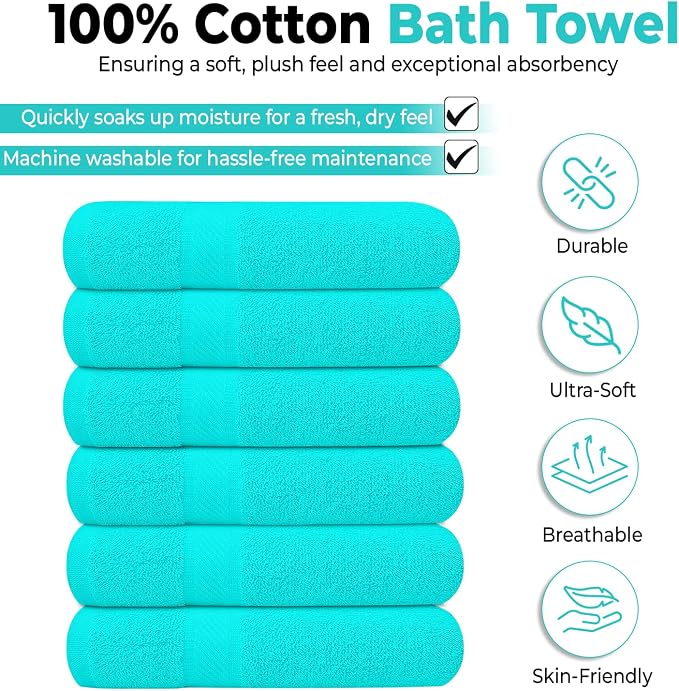 KAHAF COLLECTION 6 Pack Bath Towels Set 100% Ring Spun Cotton, Lightweight - Image 2