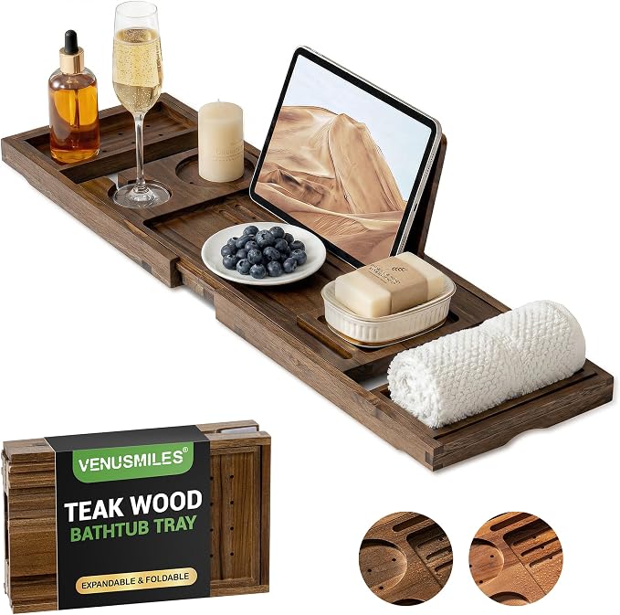 Venusmiles Teak Bathtub Tray Caddy, Foldable Bath Tray by Venusmiles