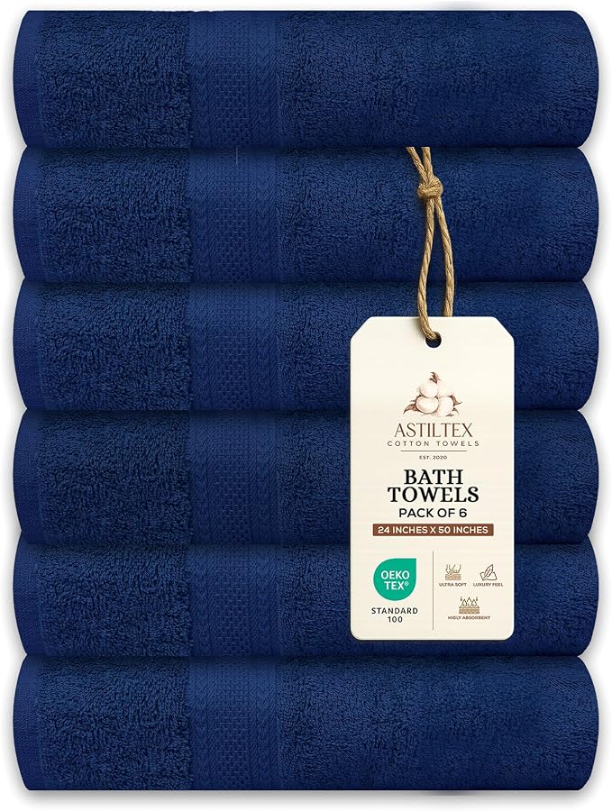 Large Bath Towels Pack of 6 – 24" x 50", 100% Cotton Terry – Soft, Quick-Dry & by ASTILTEXCottonTowels