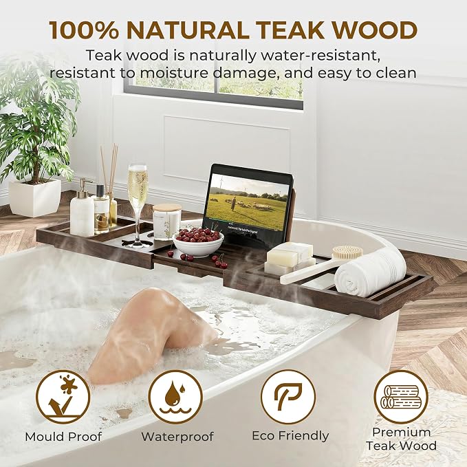 Venusmiles Teak Bathtub Tray Caddy, Foldable Bath Tray - Image 4