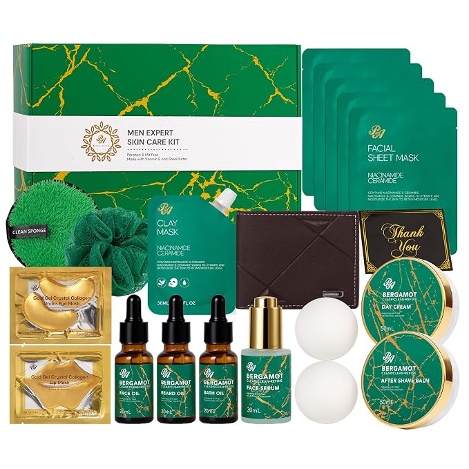 Men Bergamot Facial Skin Care Set, Fathers Day Gift, Bath and Body Gift Basket by RAROSAACCA