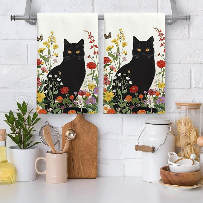 Accnicc 2 Pack Black Cat Bathroom Hand Towels Decorative Spring Floral Dish - Image 2