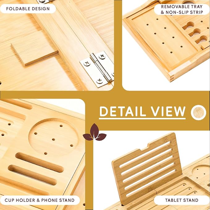 Premium Foldable Bamboo Bathtub Tray Caddy, Expandable Bath Caddy Tray - Image 6