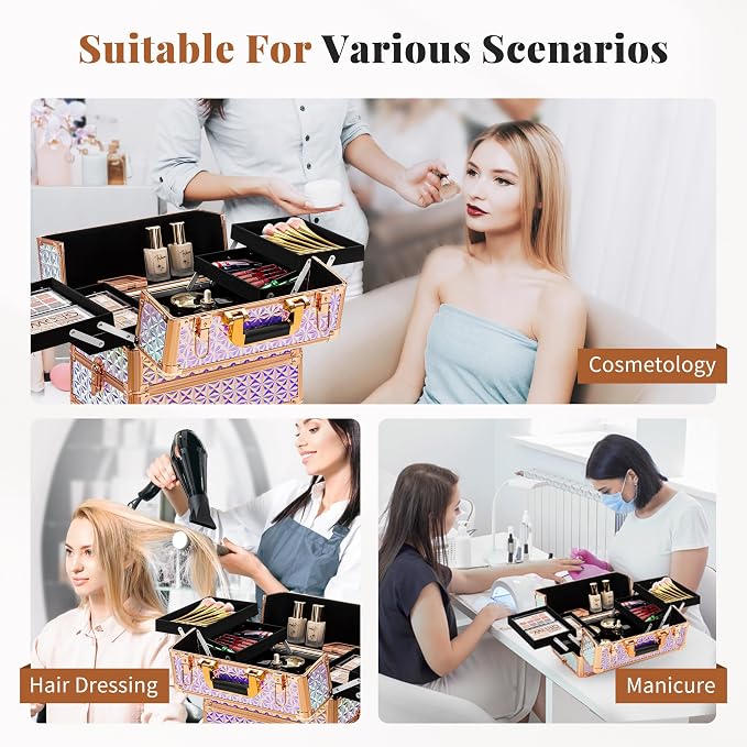 3 in 1 Rolling Makeup Train Case Professional Large Cosmetic Trolley - Image 6