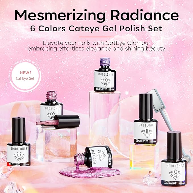 modelones Holographic Glitter Cat Eye Gel Nail Polish Kit 6 Colors - Image 2