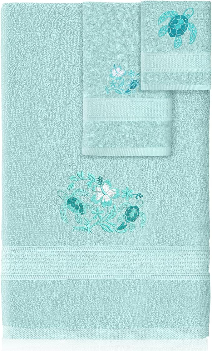 3 Pcs Rustic Sea Turtle Bathroom Towel Set Farmhouse Embroidered Sea Turtle by Unknown