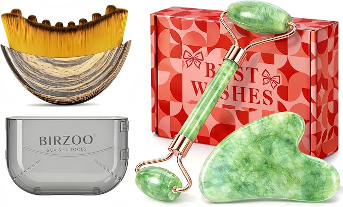 Lymphatic Contour Face Brush & Natural Jade Roller Set by GuaShaTools