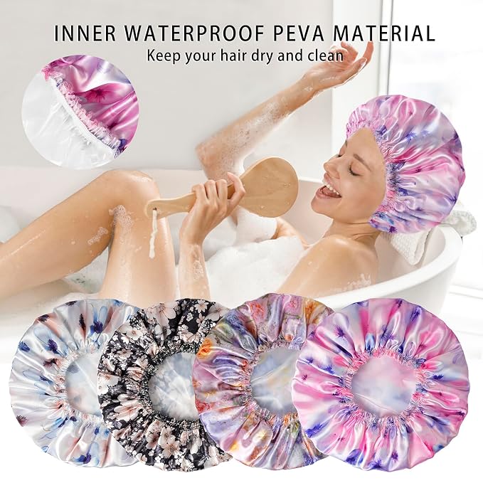 4 PCS Shower Caps for Women, Printing Bath Caps, Double Layers Shower Cap - Image 6