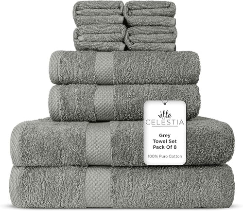 100% Combed Cotton Bathroom Towel Set of 8- 2 Bath Towels, 2 Hand Towels by VillaCelestia
