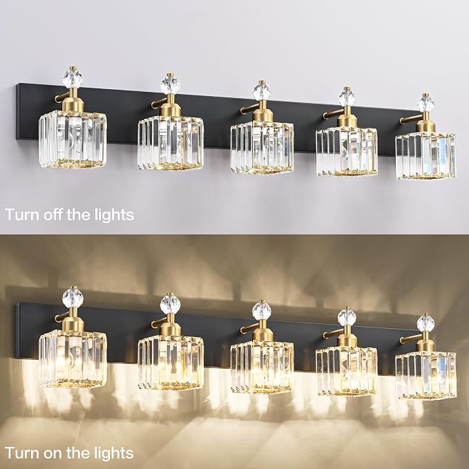 PRESDE Crystal 5 Light Bathroom Vanity Lights Modern Black and Gold Bathroom - Image 7