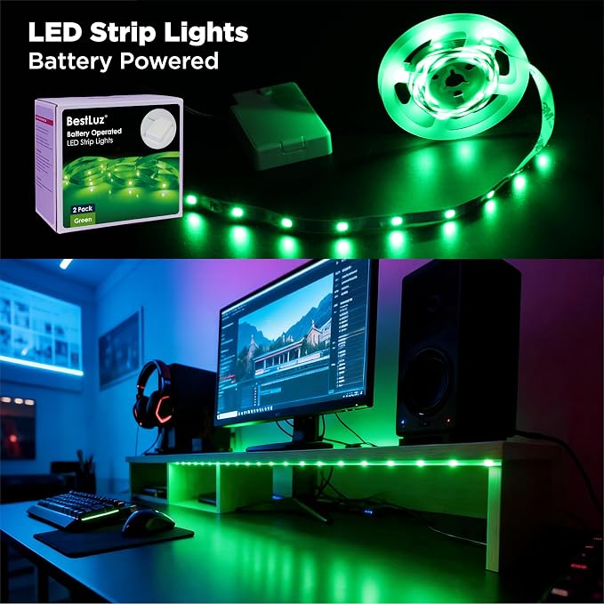 BestLuz Battery Powered LED Strip Lights 2X 3.33ft Flexible Green Light Strip - Image 2