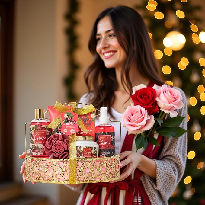 Bath & Body Basket Set, Cherry Fruit Scent Spa Gift Basket - Image 3