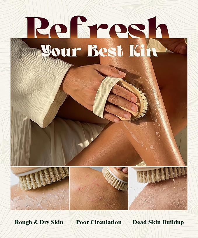 POPCHOSE Dry Brushing Body Brush, Natural Bristle Dry Skin Exfoliating Brush - Image 2