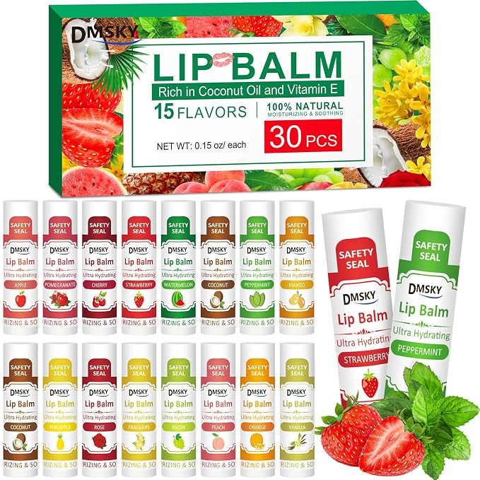 DMSKY 30 Pack Lip Balm, Natural Lip Balm Bulk by DMSKY