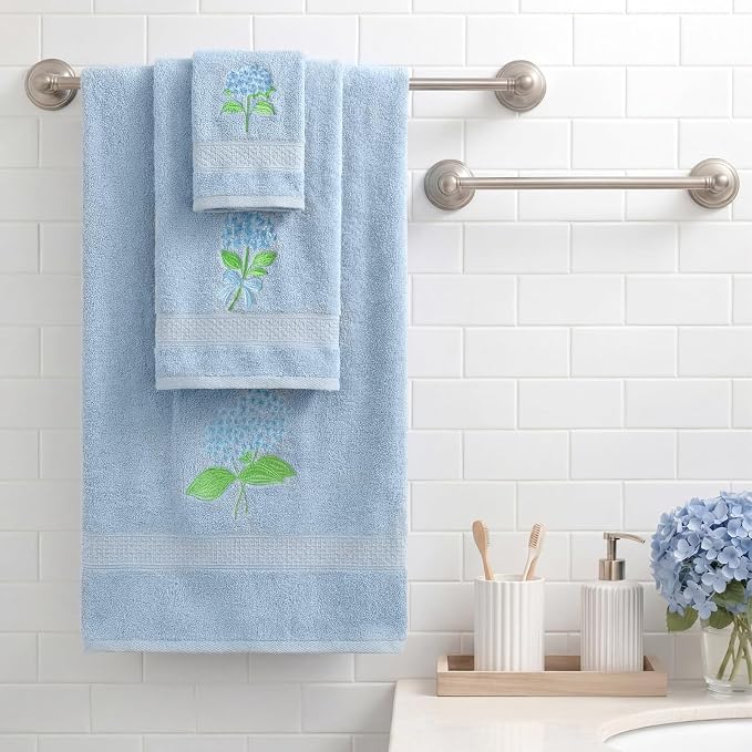 3 Pcs Hydrangea Floral Bathroom Towel Set Farmhouse Embroidered Hydrangea - Image 4