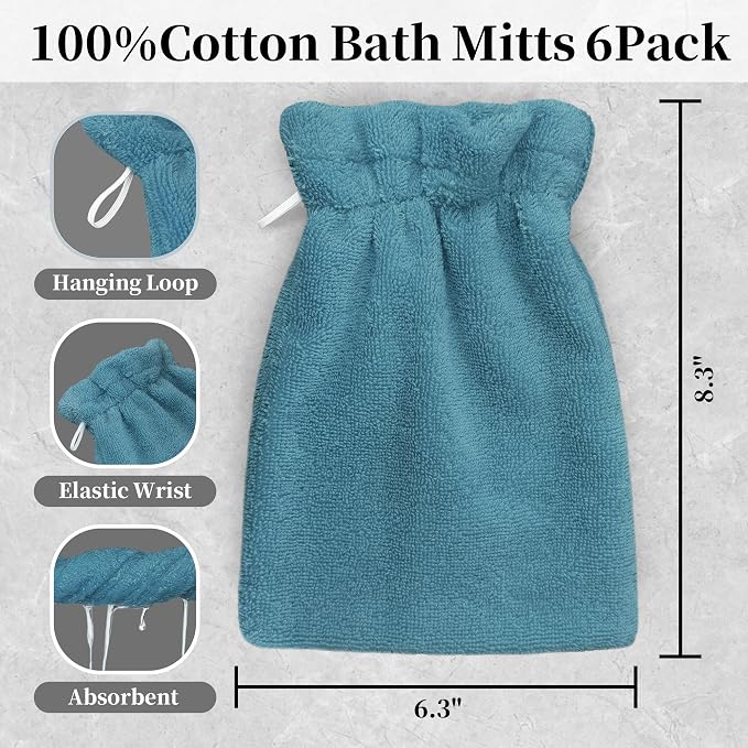 VOOVA & MOVAS 6-Pack Shower Wash Cloth, 100% Cotton Soft Absorbent Bath Mitts - Image 2