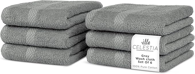 100% Cotton Wash Cloth for face & Body Set of 6, Sustainable, Highly Absorbent by VillaCelestia