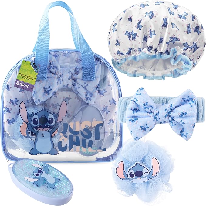 Disney Stitch Shower Accessories Set and Clear Toiletry Bag by GetTrend