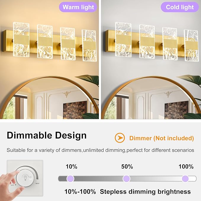 Modern LED Bathroom Light Fixtures Dimmable 4-Light Gold Vanity Light, 5CCT - Image 4