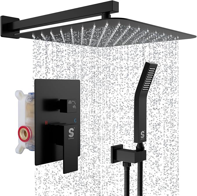 SR SUN RISE Matte Black Square Rainfall Shower Head and Handle Set, Wall by SRSUNRISE