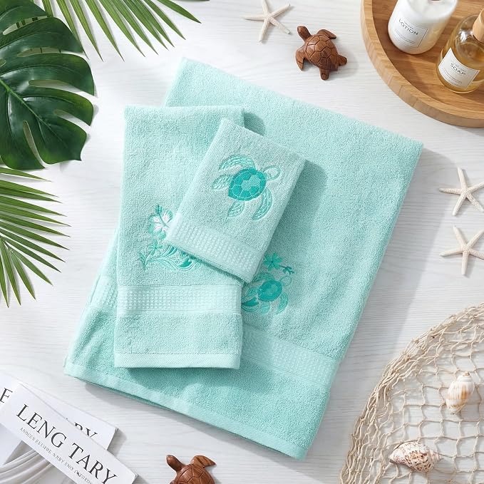 3 Pcs Rustic Sea Turtle Bathroom Towel Set Farmhouse Embroidered Sea Turtle - Image 4