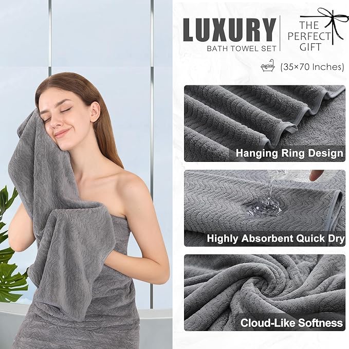 4 Piece Extra Large Bath Towel 35"x70" Oversized Bath Sheet Grey Bath Towel Set - Image 3