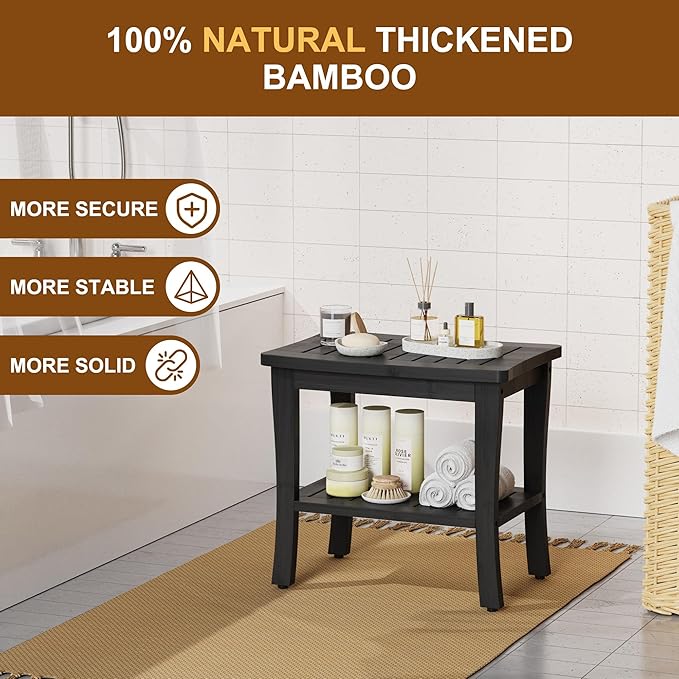 Extra Bamboo Black Shower Bench Stool Waterproof Shower Chair Spa Bath Seat - Image 3