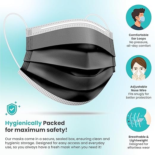 Black Disposable Face Mask, 3-Ply Adult Masks, Facial Cover - Image 3