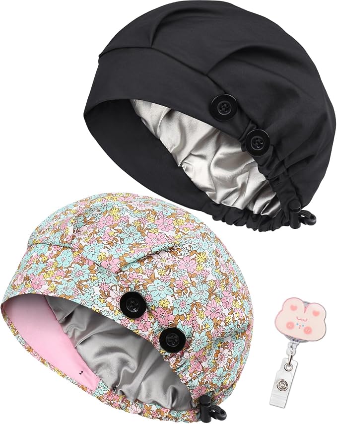 2 Pack Satin Lined Bouffant Scrub Caps by Yuest
